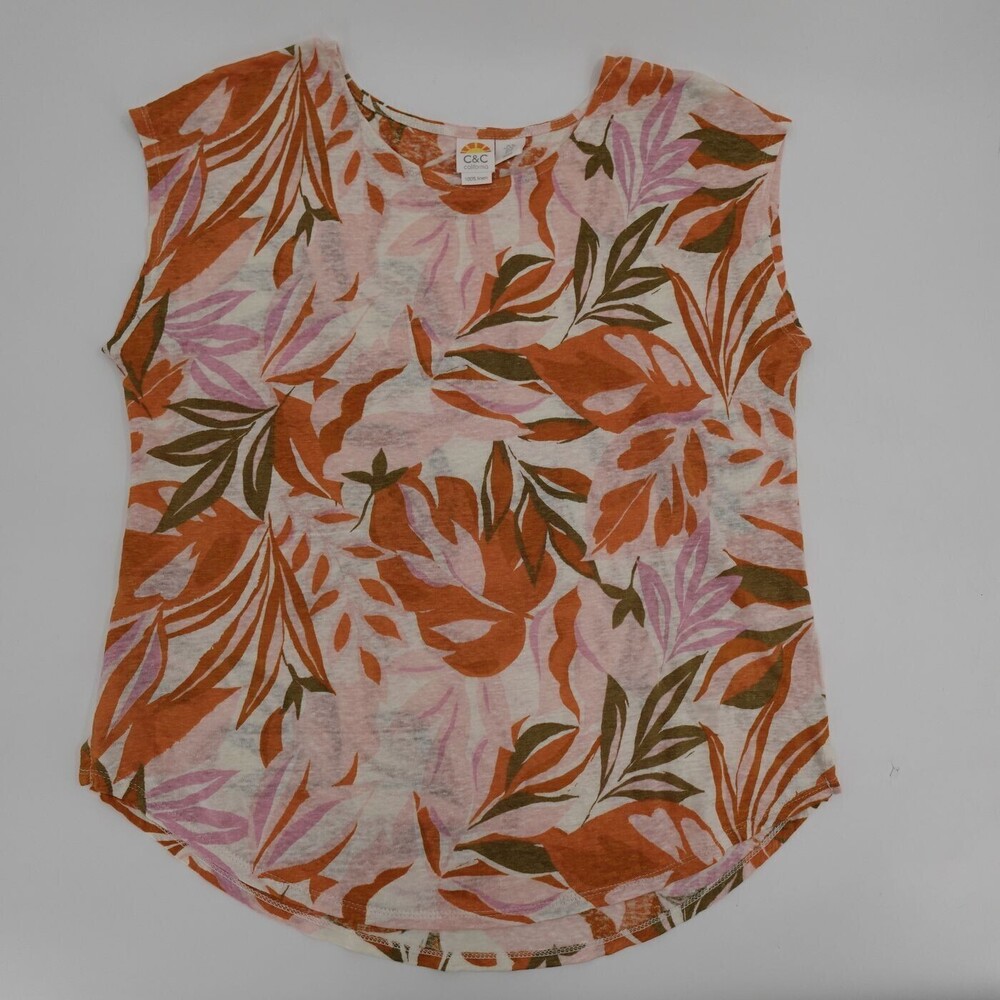 C&C California Tank Top Womens XL Orange Floral Tropical Linen Sleeveless Casual
